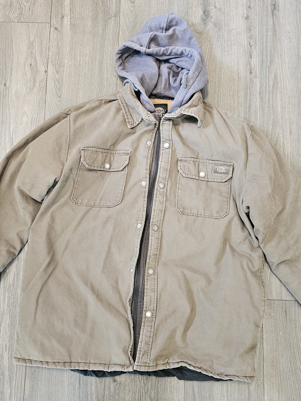 Dickies Men's Hooded Field Jacket in Taupe and Gray - Size Large